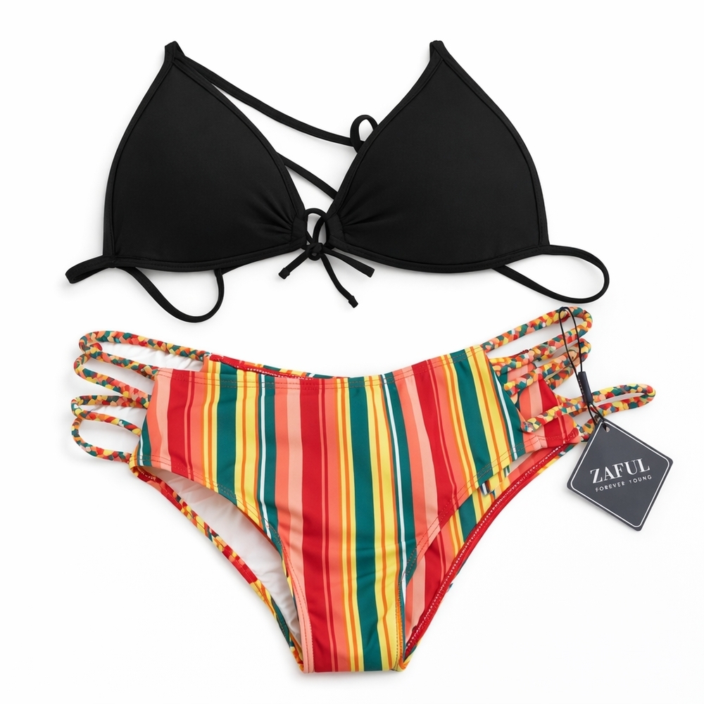 NWT Zaful Striped Bikini Bottoms Size 8 Braided Sides High Cut + FREE Top